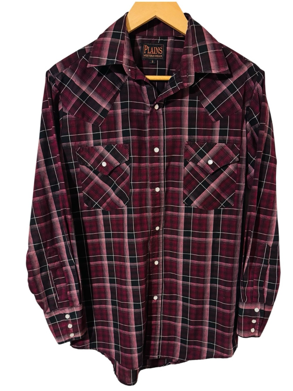 PLAINS Western Wear Shirt Pearl Snap Buttons Plaid Mens Small Cowboy Rodeo Farm